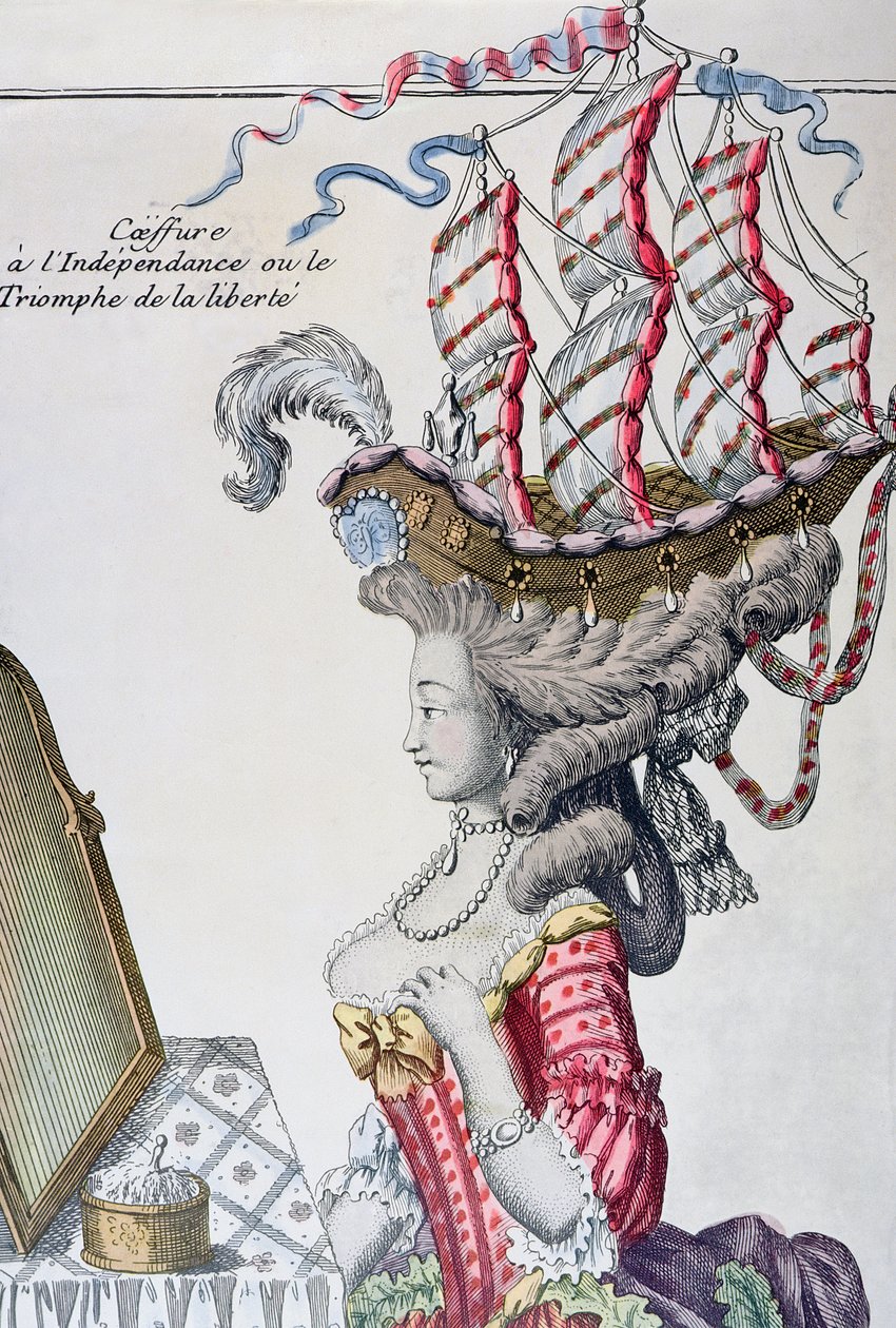 Kvinna i en dagsklänning med frisyr a la Belle Poule, period av amerikansk självständighet, 1779-80 av French School