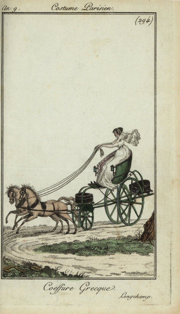 Kvinna i en grekisk frisyr som kör en vagn på Longchamp av French School