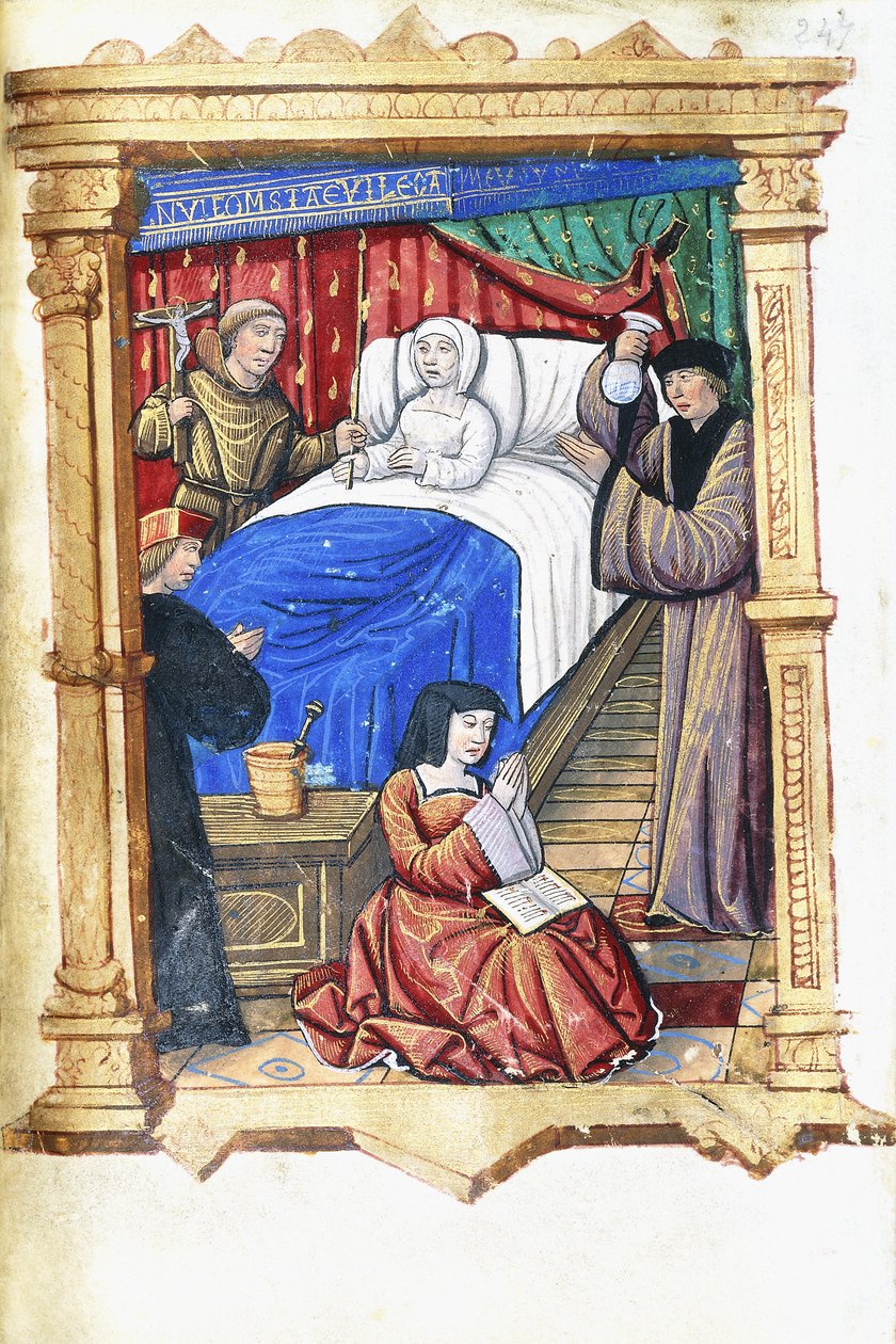 Kvinna i en dödsbäddsscen med Johannes Döparen, ca 1475-1500 av French School