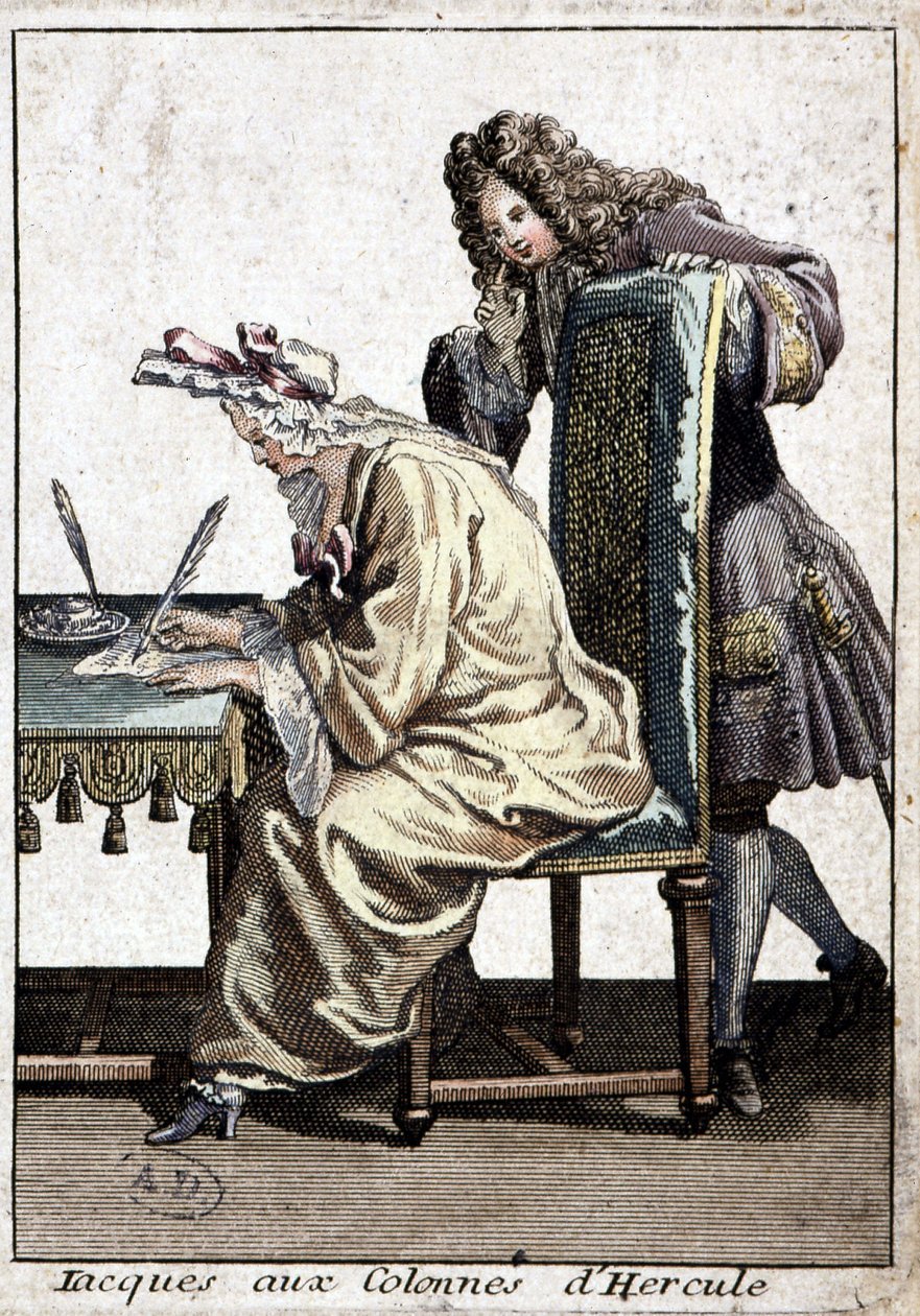Kvinna i skjorta och nattmössa skriver ett brev med man, n.d. v. 1715. av French School