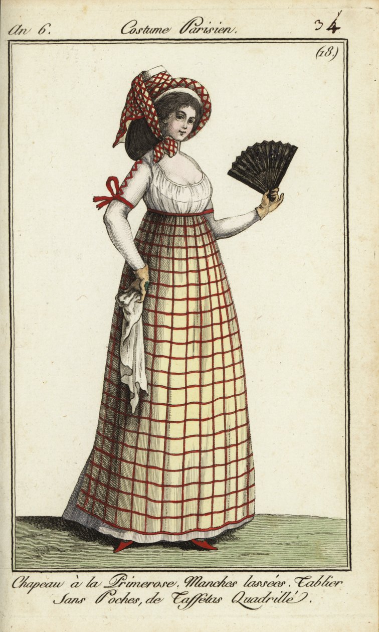 Kvinna i Primerose-hatmodet från 1798 (handfärgad kopparstick) av French School