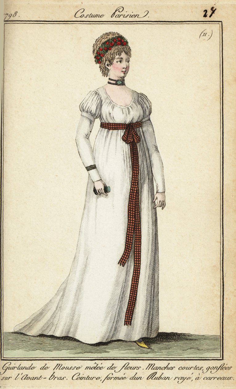 Kvinna i modet 1798 med kort hår under en girland (handfärgad kopparstick) av French School