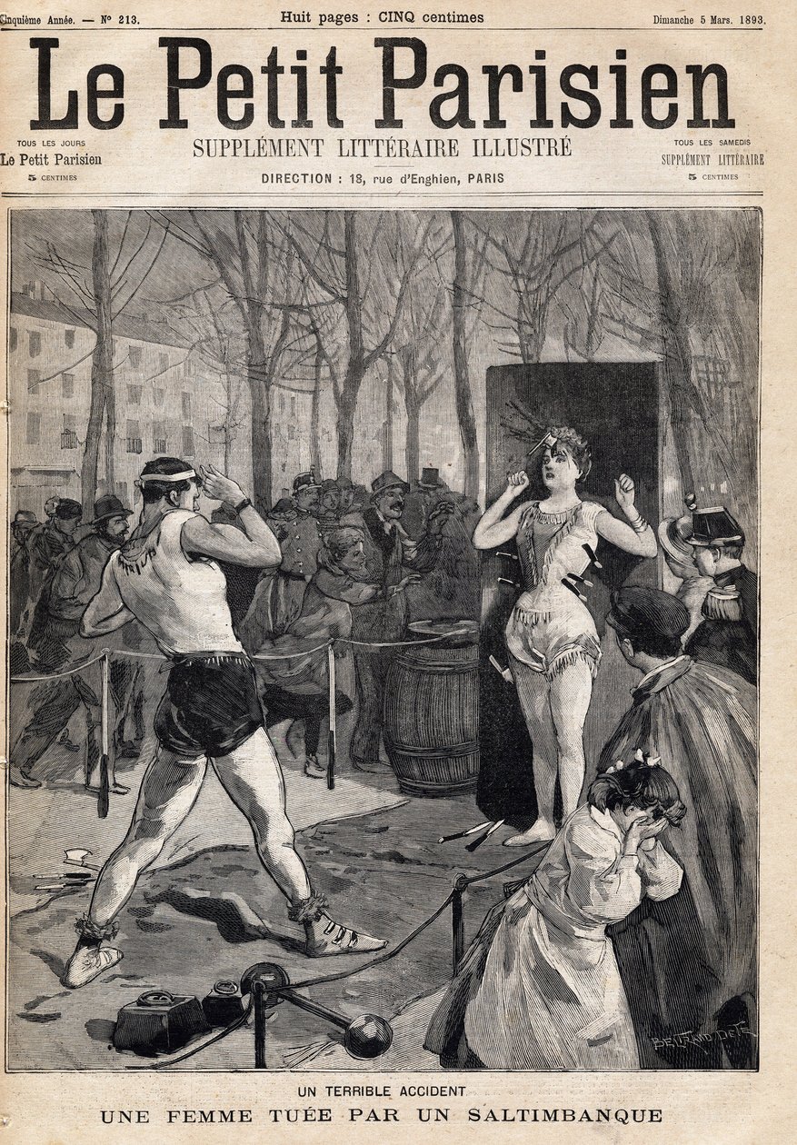 Kvinna dödades av en olycka under en show av saltibank på gatan, Place des Quinconces i Bordeaux. En av tidningarna "Le petit Parisien"" den 5/03/1893 (gravyr) av French School