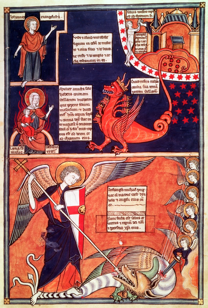 Apokalypsens kvinna blir attackerad av den sjuhövdade draken och St. Michael som dödar draken, från Liber Floridus av Lambert de Saint-Omer, ca 1120 av French School