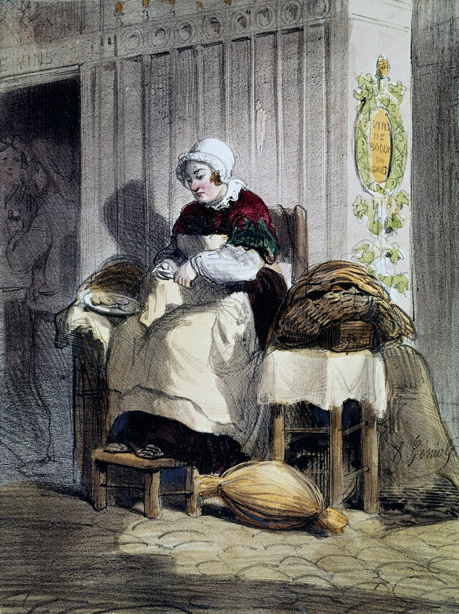 Kvinna som öppnar ostron (ecailliere), tryck från serien Women of Paris, Frankrike av French School