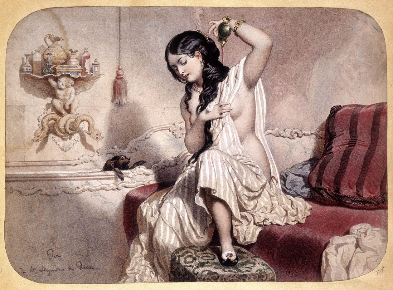 Kvinna som parfymerar efter bad - litografi, v.1860 av French School