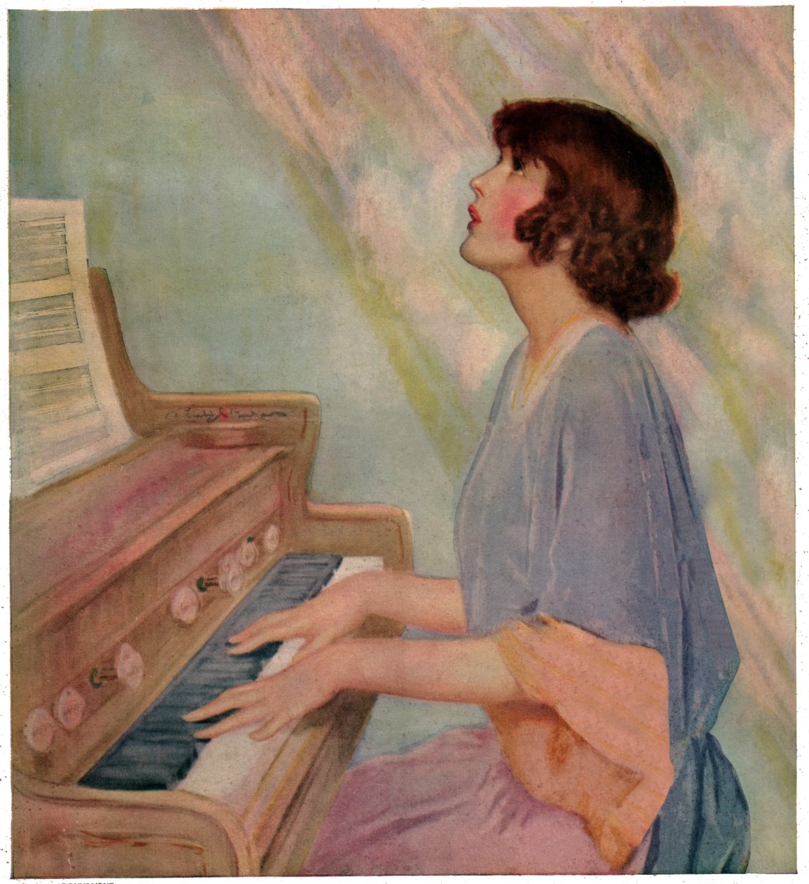 Kvinna som spelar orgel. 1924 (gravyr) av French School