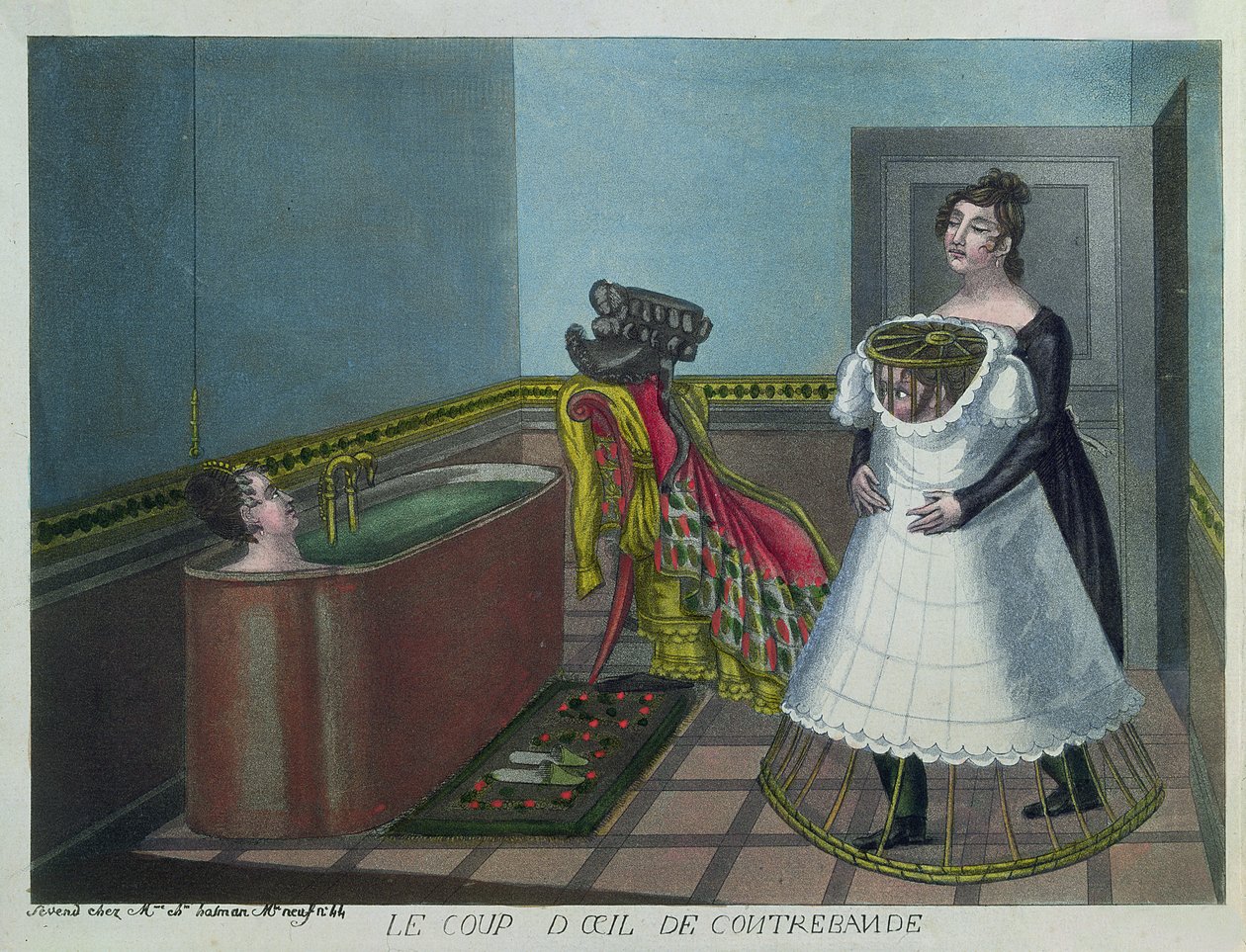 Kvinna som tar ett bad medan hennes hembiträde i hemlighet döljer en voyeur, tidigt 1800-tal (färggravyr) av French School