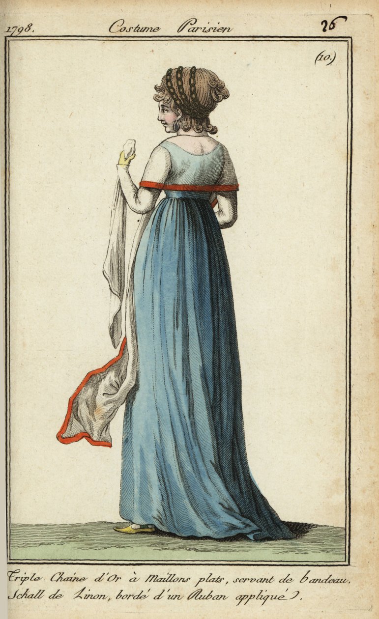 Kvinna med genomskinlig sjal i stil från 1798 (handfärgad kopparplåtgravyr) av French School