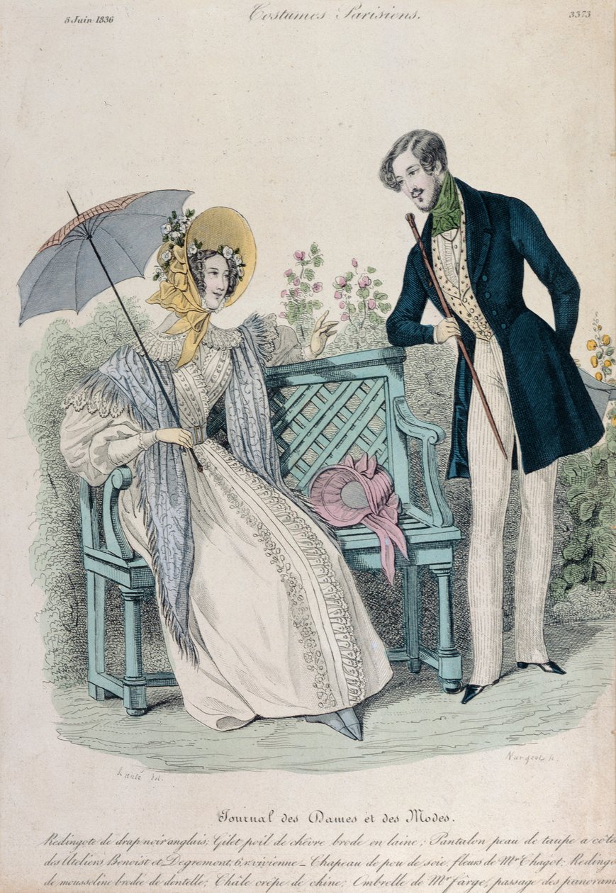 Kvinna med paraply och man i frack i en trädgård, modetallrik från Journal des Dames et des Modes, 5 juni, 1836 av French School