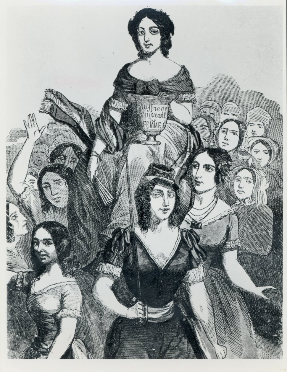 Kvinnor som bär Jeanne Deroin (1805-94) i Triumph, från Les Femmes Celebres, volym I, Paris, Mazenod, 1848 av French School