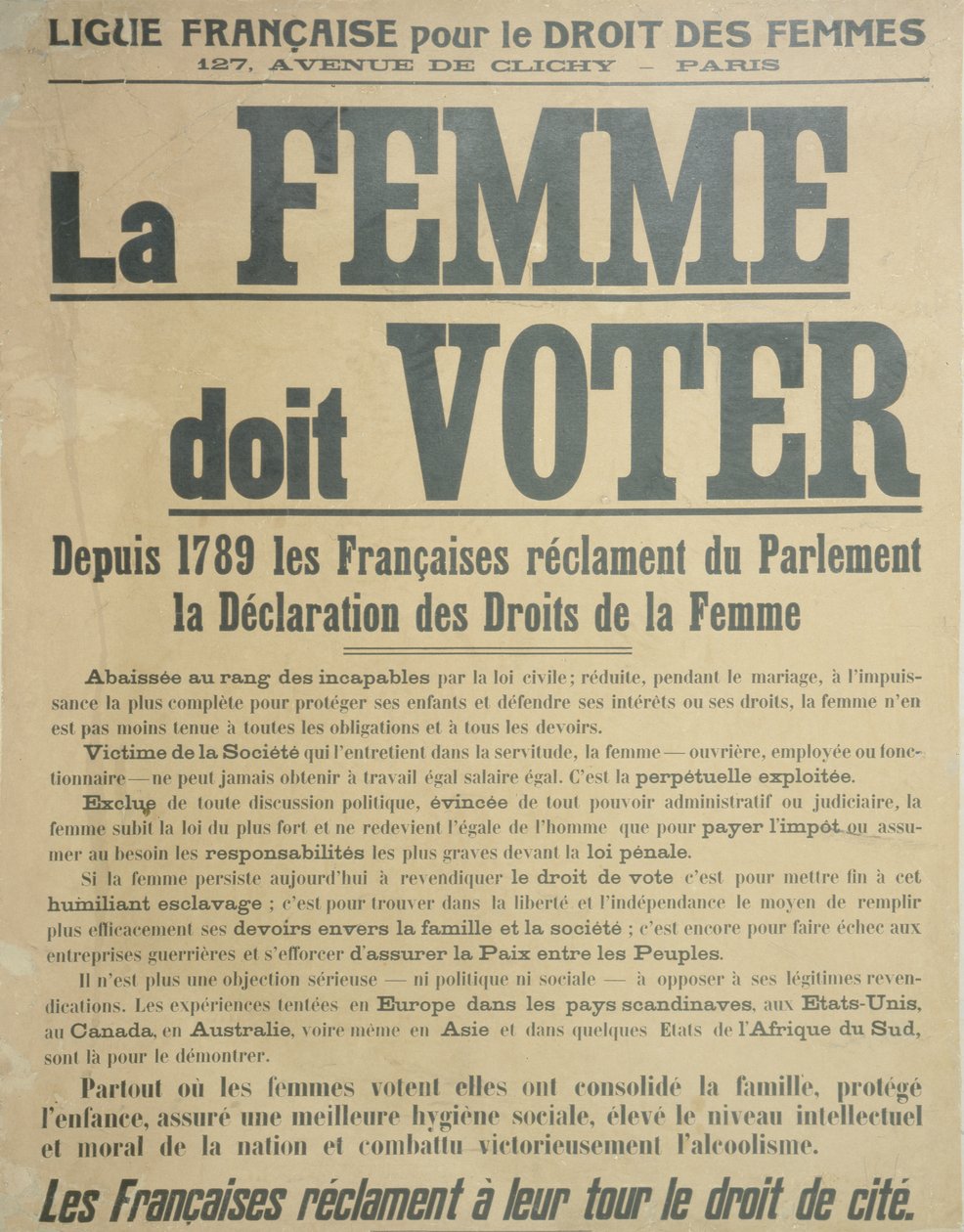 Women Must Vote, affisch som uppmuntrar kvinnor att kämpa för rösträtt, 1914 av French School