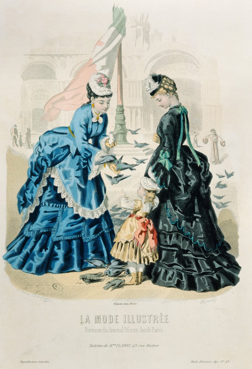 Kvinnor och ett barn som matar duvorna, från La Mode Illustrée, 1872 av French School