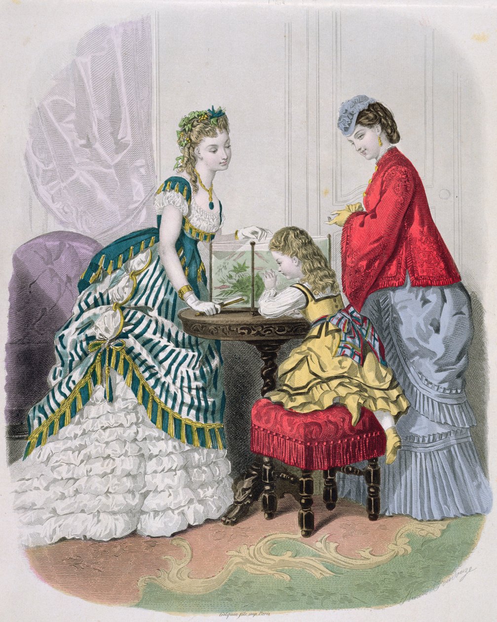 Kvinnor och ett barn tittar på ett akvarium, från La Mode Illustrée, ca 1870 av French School