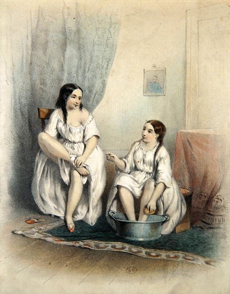 Kvinnor vid deras toalett (färggravyr) av French School