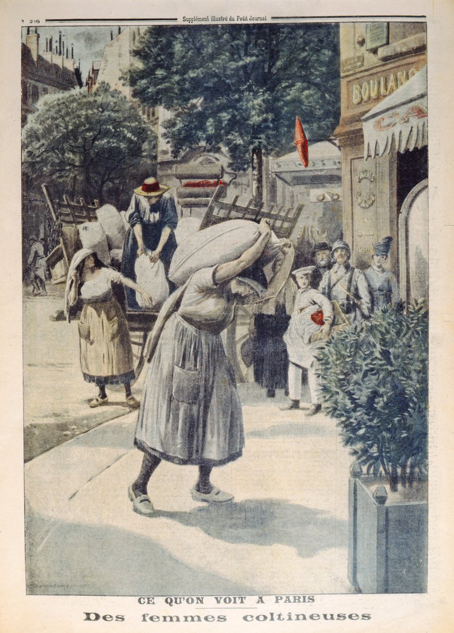 Kvinnor som bär säckar med mjöl under första världskriget i Paris, illustration från Le Petit Journal, 8 juli 1917 av French School