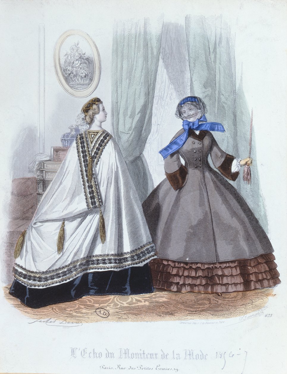 Kvinnor i cape och kappa, modetallrik från LEcho du Moniteur de la Mode, 1856-7 av French School