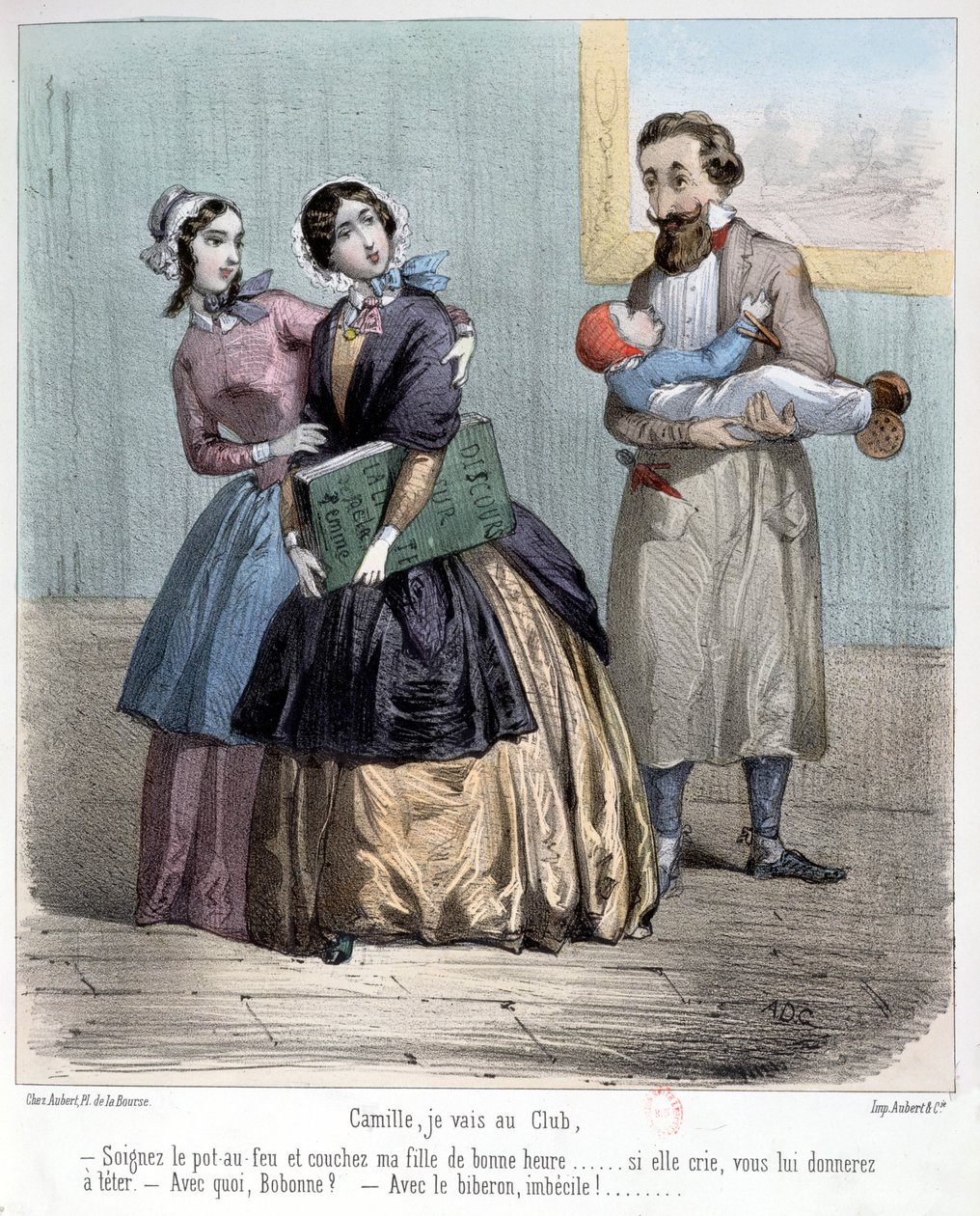 Kvinnor som lämnar sina män för att ta hand om barn medan de går till deras klubb, 1848 av French School