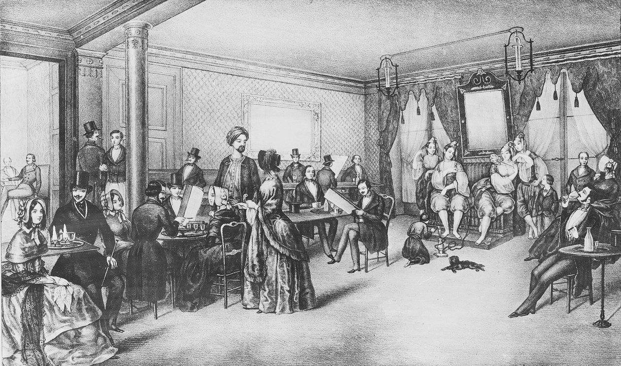 Kvinnor från Alger på ett kafé i Paris, ca 1860 (gravyr) av French School