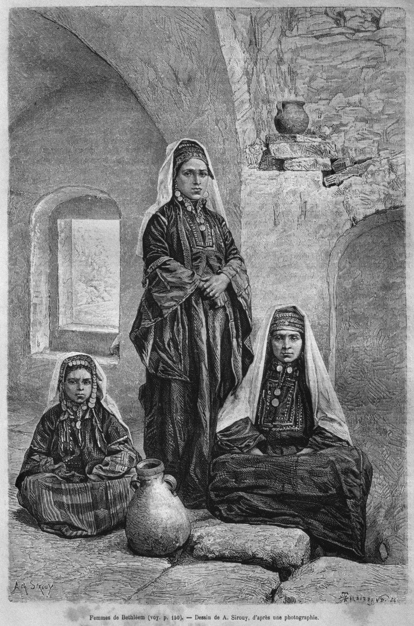 Kvinnor från Betlehem, från Syrien idag. Reser i Fenicien, Libanon och Judéen. 1875-1880 av Louis Charles Emile Lortet, 1884 (bw gravyr) av French School
