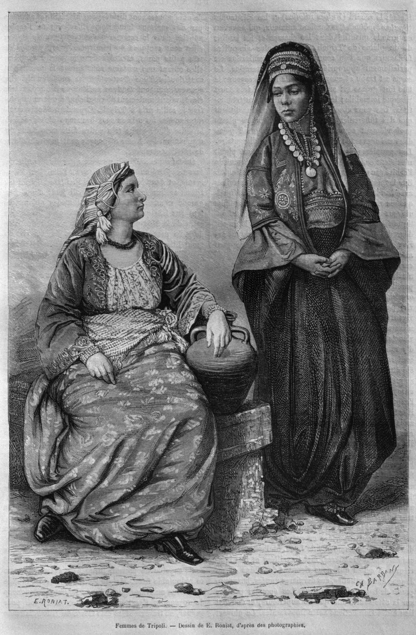 Kvinnor i Tripoli, från Syrien idag. Reser i Fenicien, Libanon och Judéen. 1875-1880 av Louis Charles Emile Lortet, 1884 (bw gravyr) av French School