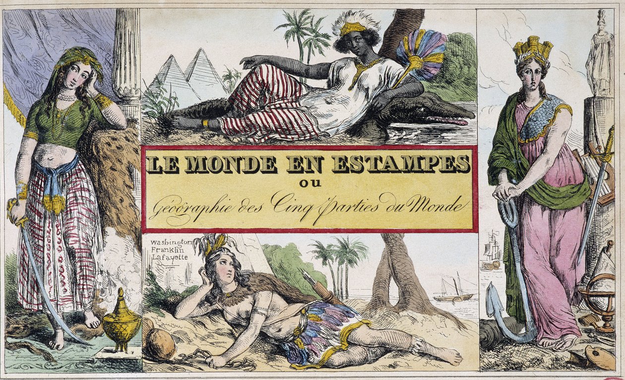 Kvinnor som representerar fyra kontinenter: Afrika, Europa, Amerika och Asien - Frontispice av "Le Monde en prints ou Geography des cinq parts du monde" av Chevalier de Roujoux av French School