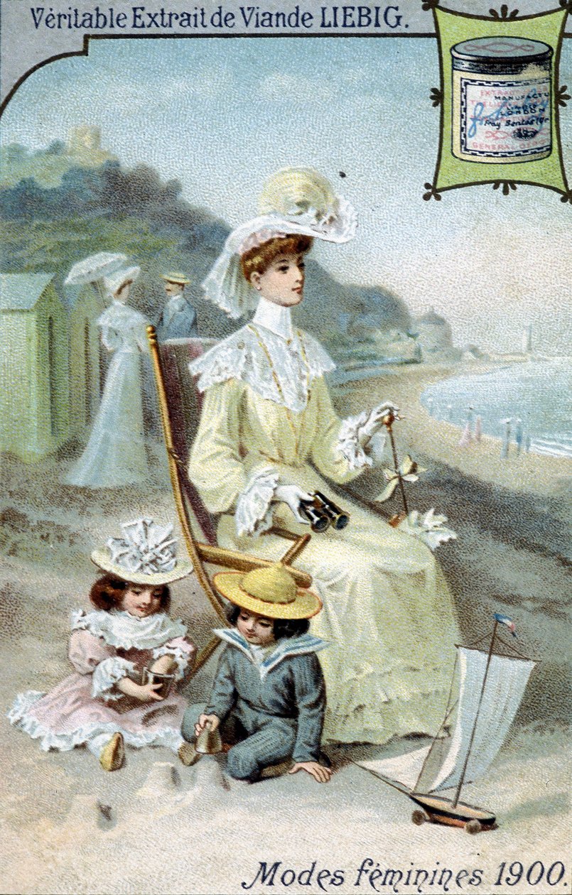Dammode 1900. Kvinna på stranden med sina två barn. Chromolithography produkter Liebig. av French School