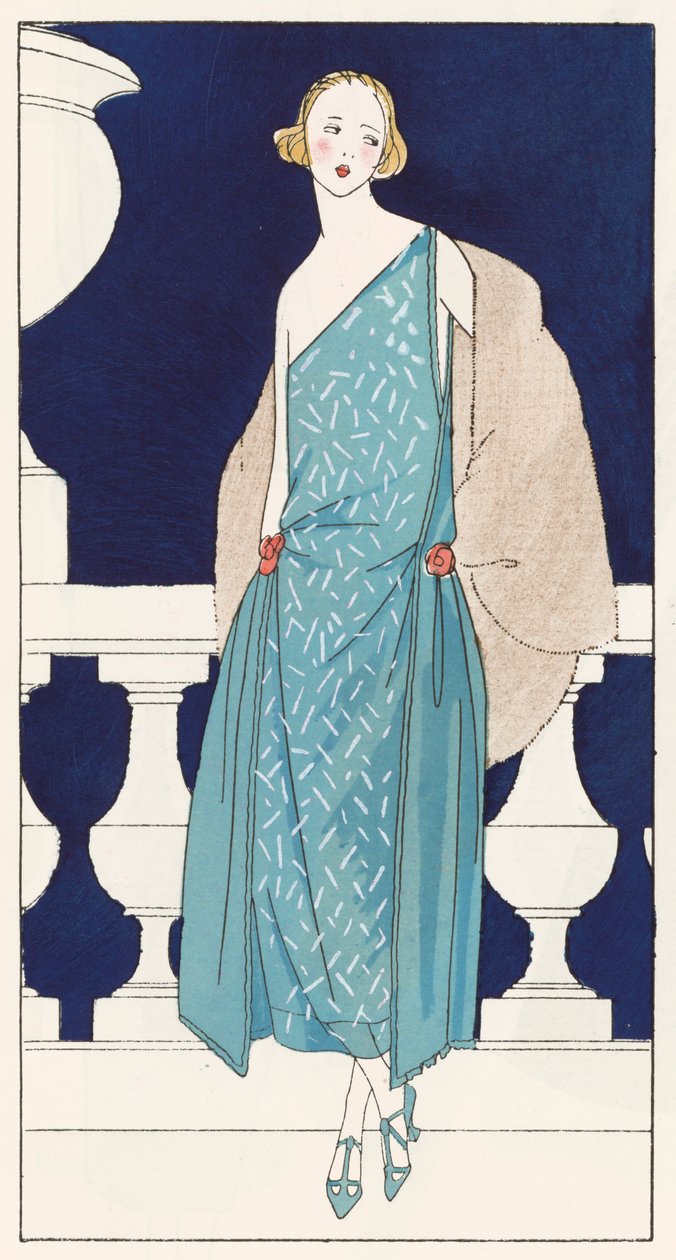 Aftonklänning för kvinnor av designern Jenny (Jenny Sacerdote) på 1920-talet (färglitografi) av French School