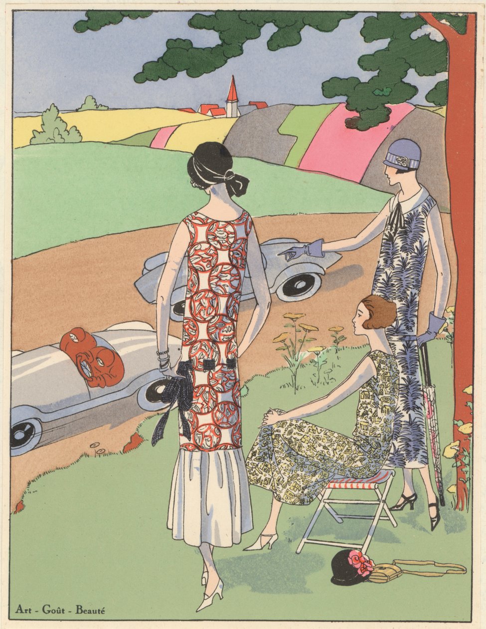 Kvinnlig modedesign från 1920-talet: tittar på sportbilsracing (färglitografi) av French School