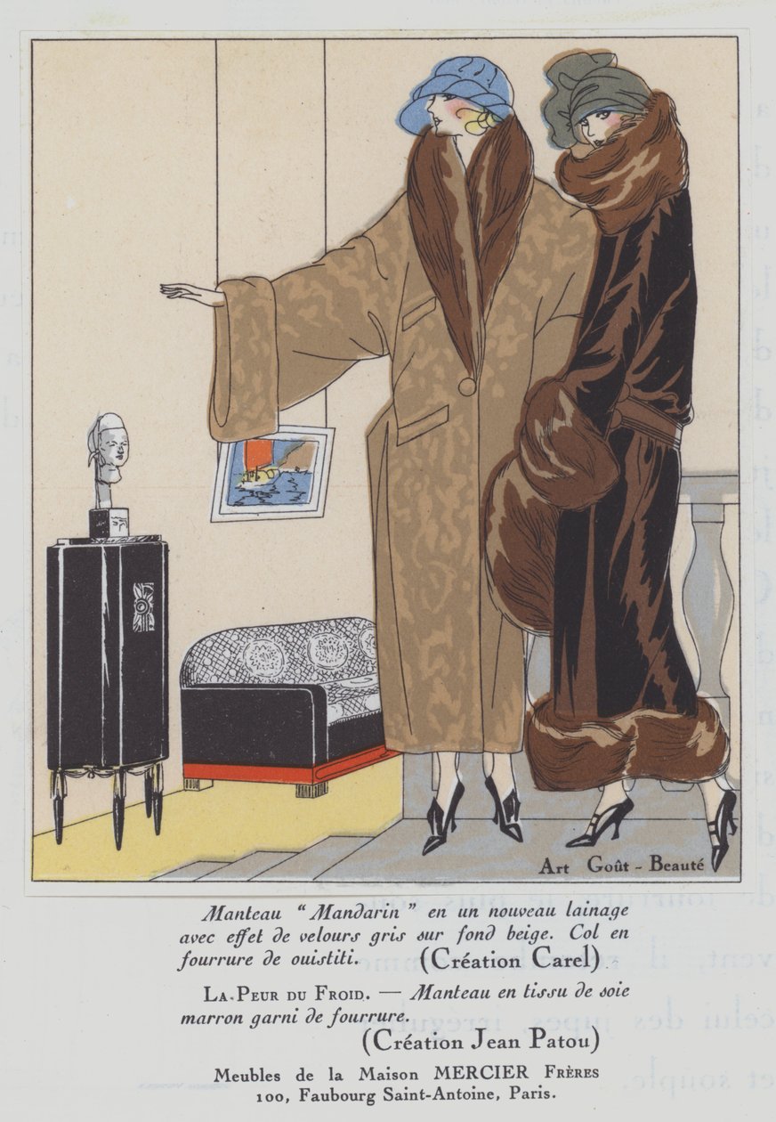 Dammode från 1920-talet av formgivarna Carel och Jean Patou (färglitografi) av French School