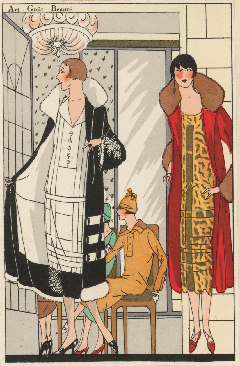 Dammode från 1920-talet av designern Lucien Lelong (färglitografi) av French School