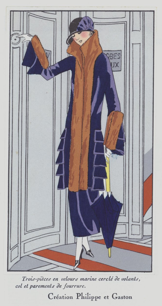 Dammode från 1920-talet av designern Philippe och Gaston (färglitografi) av French School