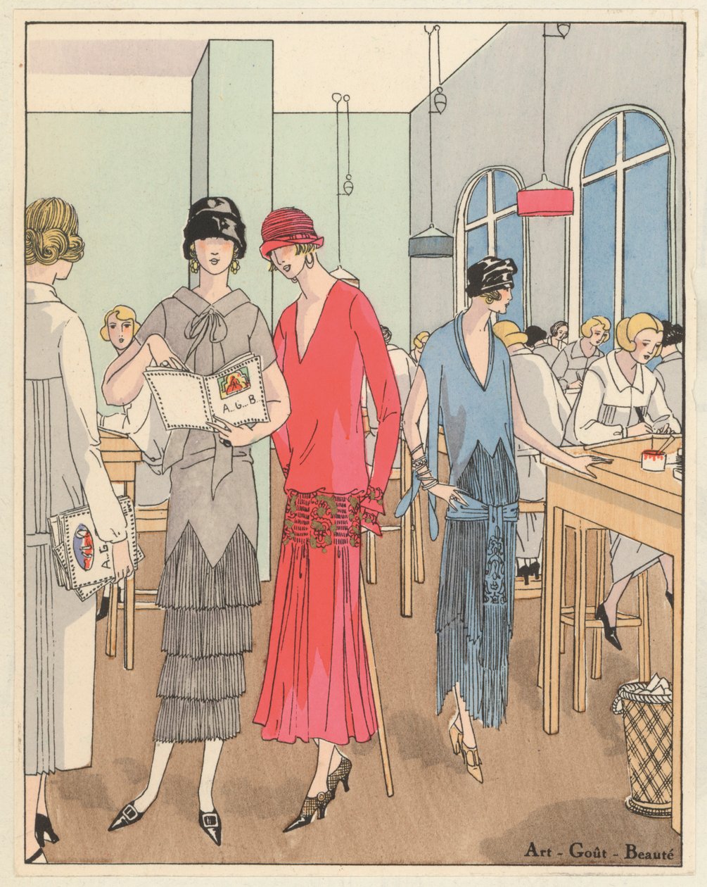 Dammode från 1920-talet av formgivarna Jean Patou och Georges Doeuillet (färglitografi) av French School