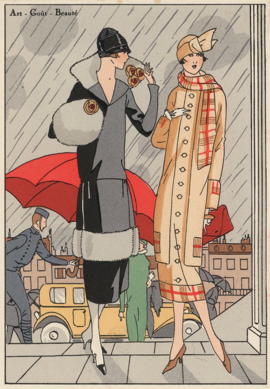 Dammode från 1920-talet av formgivarna Premet och Gustave Beer. (färglitografi) av French School