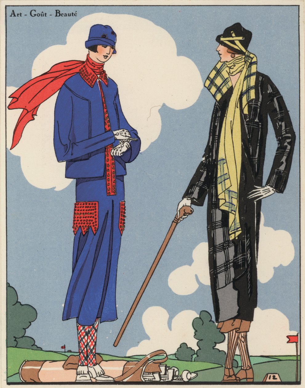 Golfmode för kvinnor från 1920-talet av formgivarna Martial och Armand samt Christoph Drecoll. (färglitografi) av French School