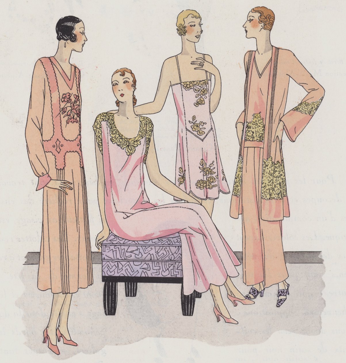 Design av damunderkläder från 1930-talet av formgivarna Redfern och Rouff (färglitografi) av French School