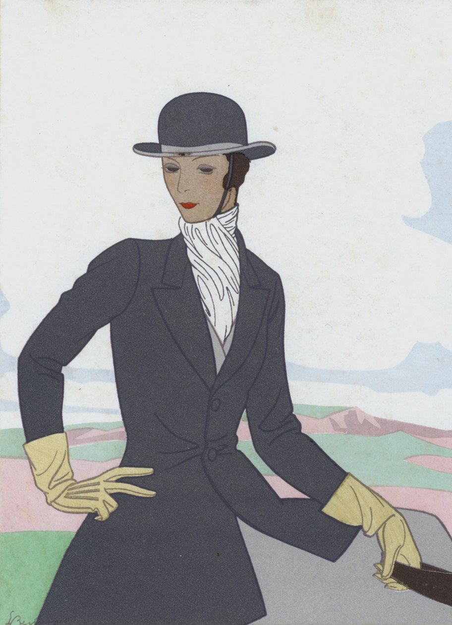 Design av ridkläder för kvinnor från 1920-talet (färglitografi) av French School