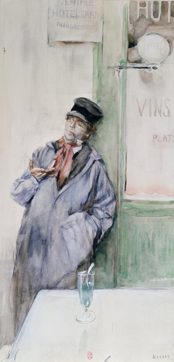 Arbetare på kafé med ett glas absint, ca 1900 (wc på papper) av French School