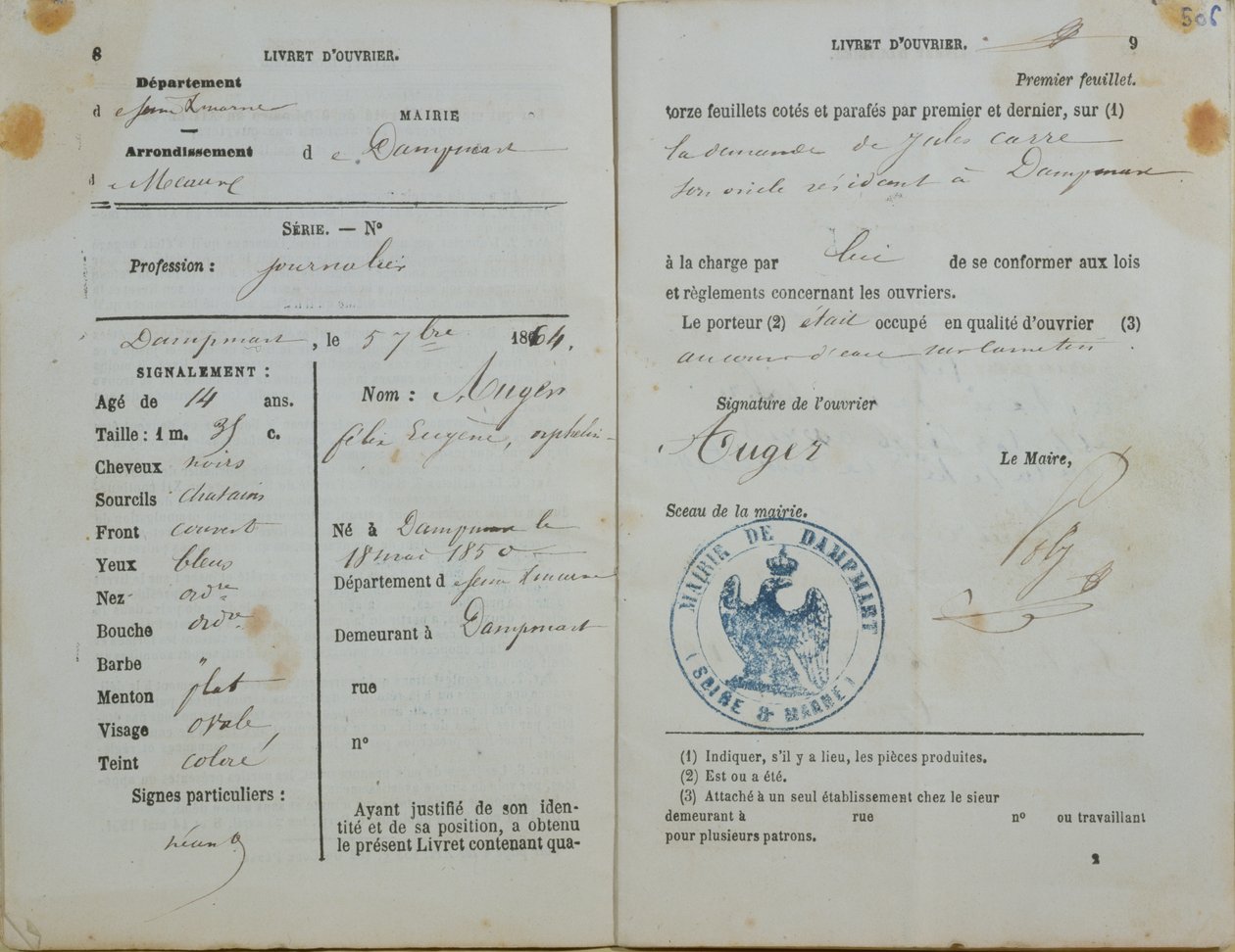 Workers Handbook utgiven av Mairie av Dammart till Felix Auger (f.1850), 1864 av French School
