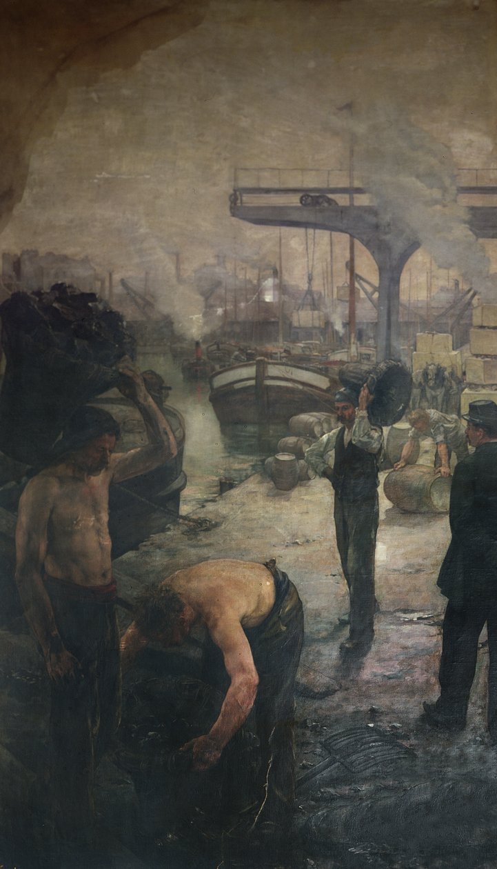 Arbetare som lossar kol från en pråm, tidigt 1900-tal av French School