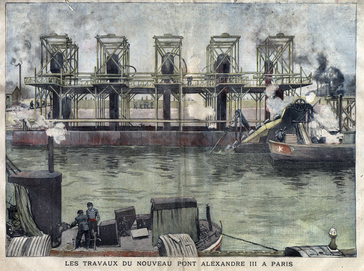Arbetar i Paris vid Pont Alexandre III. Gravyr av april 1898 i "La petite Gironde""". av French School