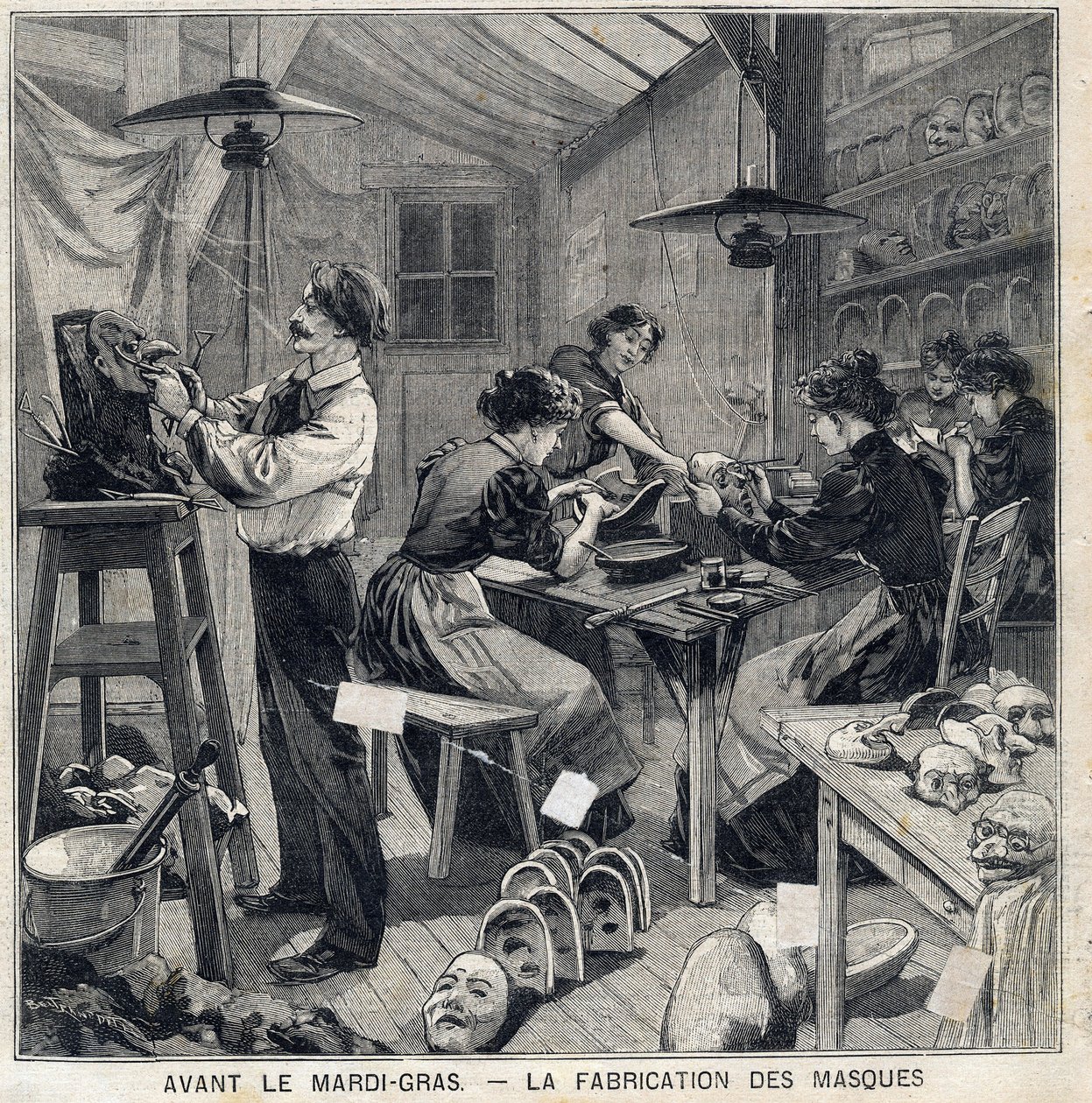 Workshop för att tillverka masker för förklädnader av Mardi Gras-festivalen (Mardi-Gras). I "" Le Petit Parisien"" den 14/02/1897 av French School