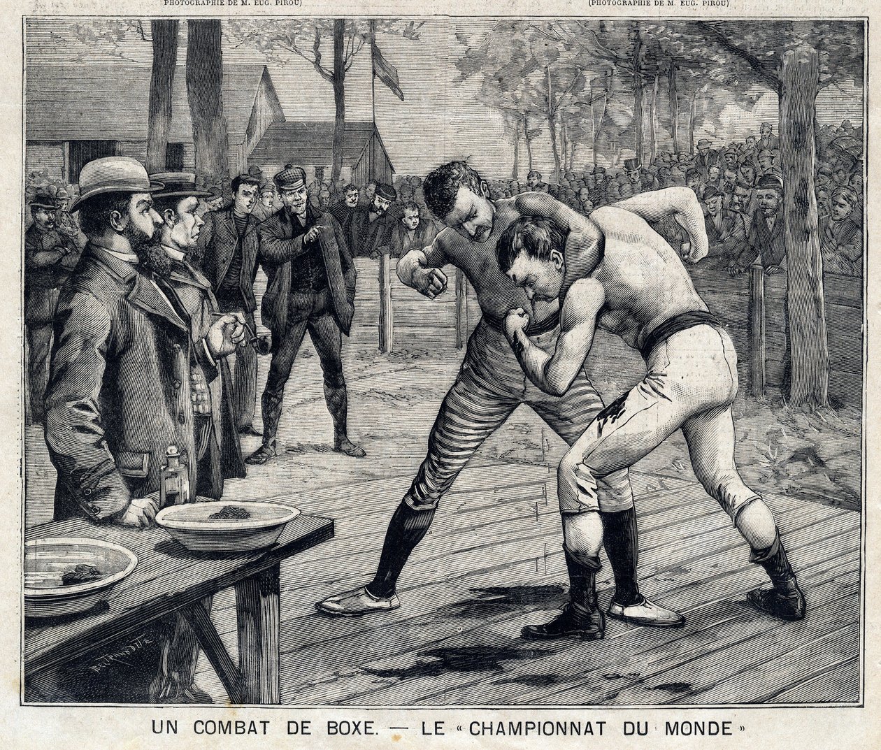 Världsmästerskap: boxningskamp mellan Jim Corbett och Bob Fitzsimmons i Carson, Nevada, USA: I "" The Little Parisien"" den 11/04/1897. Privat samling av French School