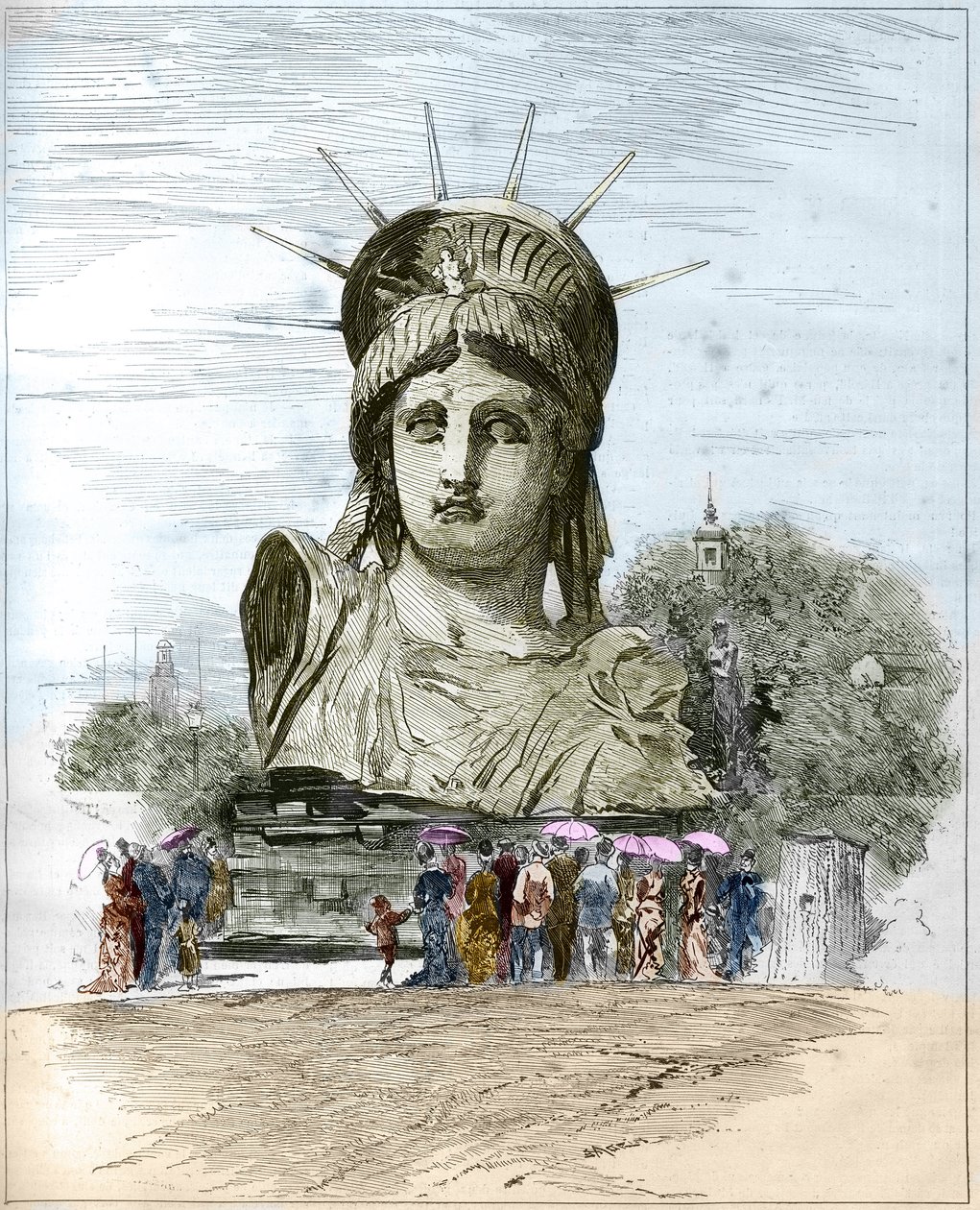 Världsutställning 1878 i Paris: chefen för Frihetsgudinnan av Frederic Auguste Bartholdi (1834-1904). Gravyr av Edgard Morin i ""The Illustrous World"" nr 1111 av 13 juli 1878. av French School