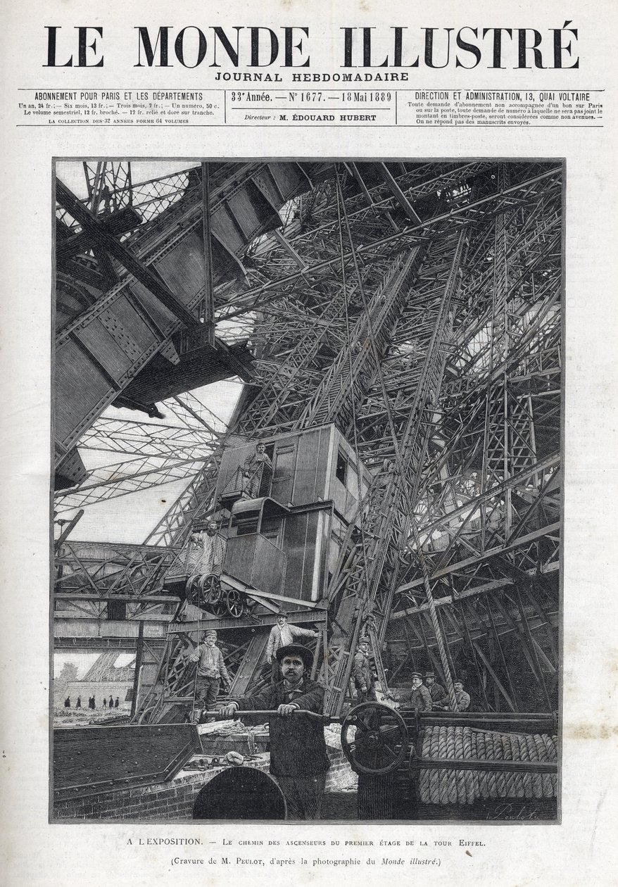Världsutställningen i Paris 1889 - Hissbanan på första våningen i Eiffeltornet - Universella utställningen i Paris 1889 - Vägen till hissarna på första våningen i Eiffeltornet - Le Monde Illustré från 1889 av French School