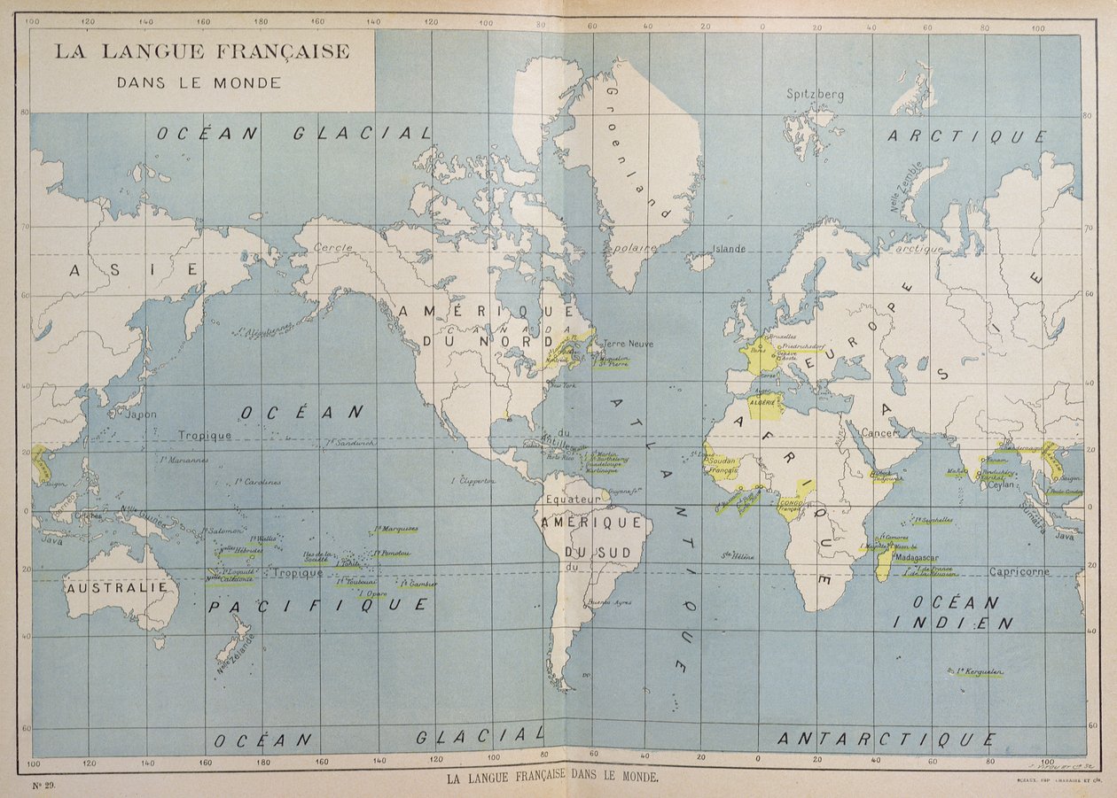 Världskarta över fransktalande länder, tidigt 1900-tal av French School