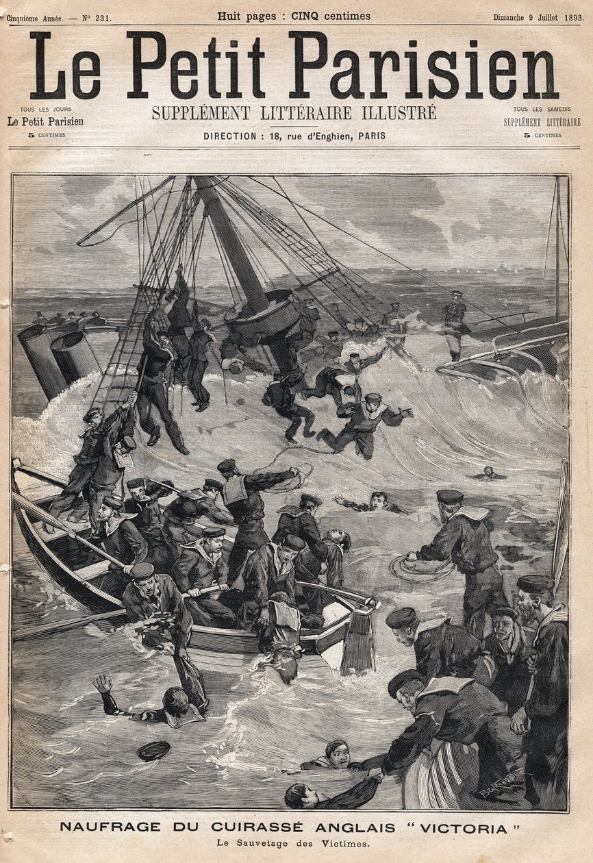 Vraket av den engelska rustningen "Victoria"" efter en kollision på Syriens kust och rädda offren. En av tidningen "Le petit Parisien"" den 9/07/1893 (gravyr) av French School