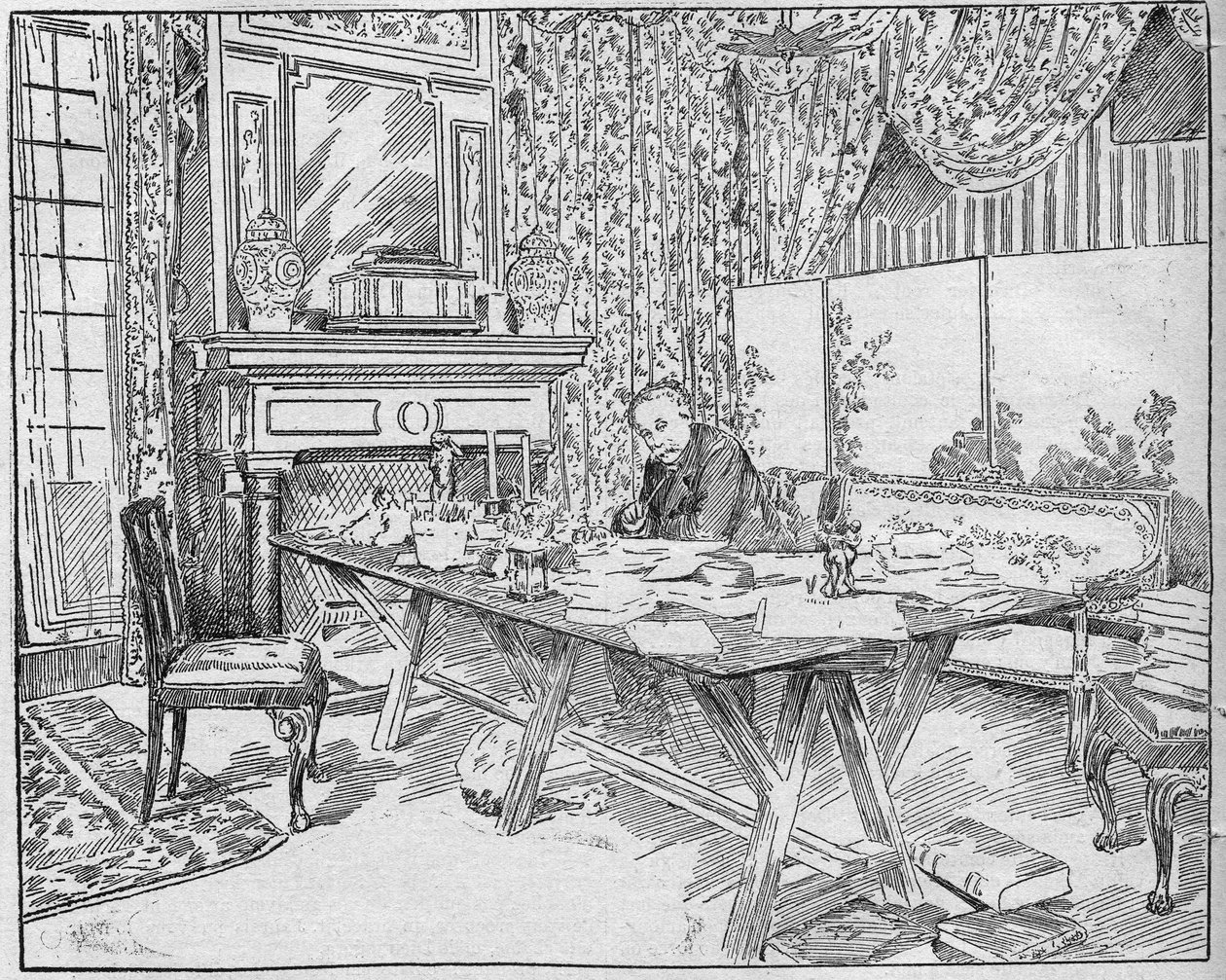 Författaren Alexandra Dumas Jr. (1824-1895) i sitt arbetsskåp. Gravyr i "La gazette du dimanche"" av den 12 december 1895. av French School