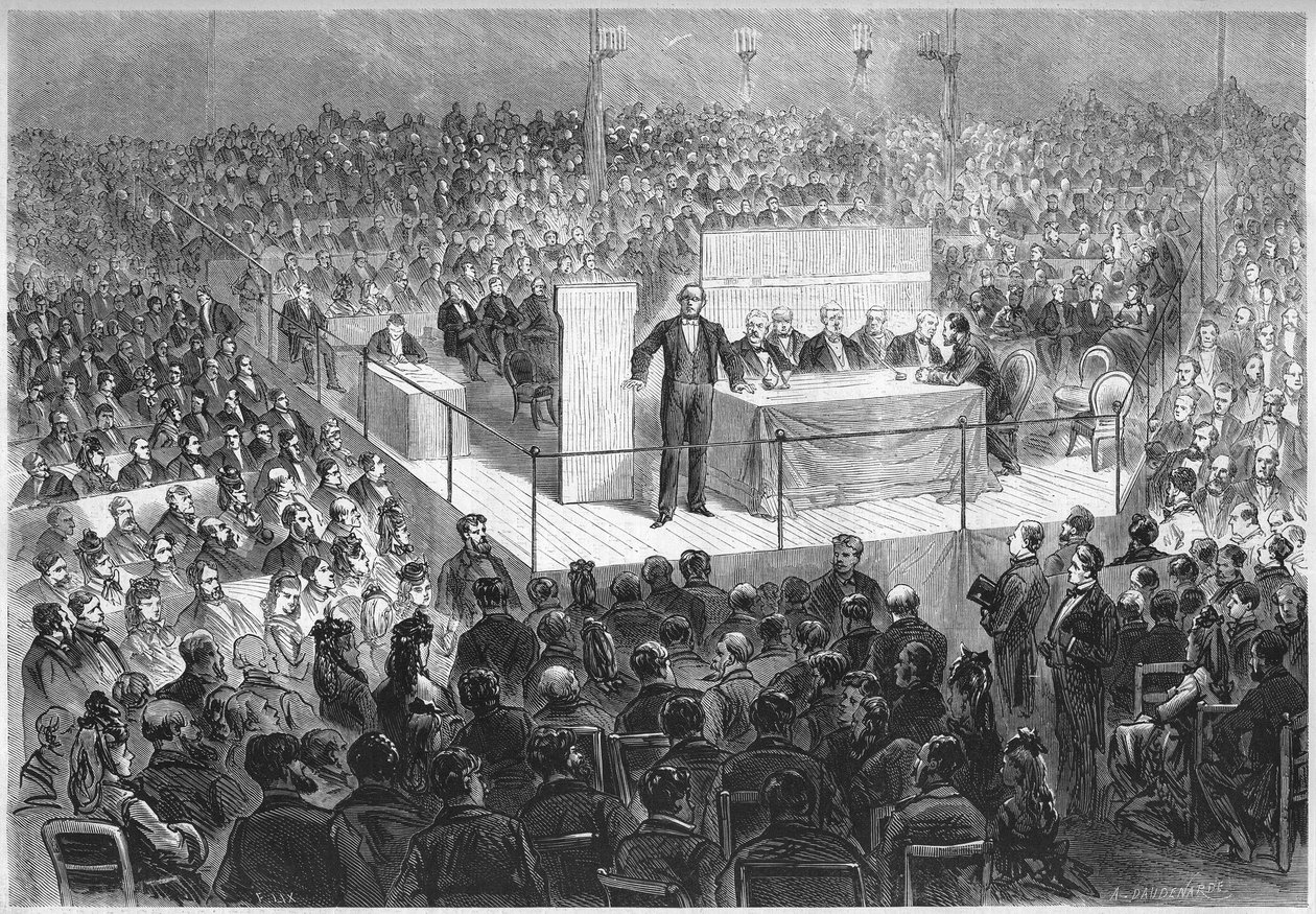 Författaren Ernest Legouve (1807-1903) leder ett "patriotiskt möte" som organiserats för att samla in pengar för att lösa in de franska departement som ockuperats av Tyskland sedan slutet av kriget 1870. Paris, cirkus på Champs Elysees, 25 februari av French School