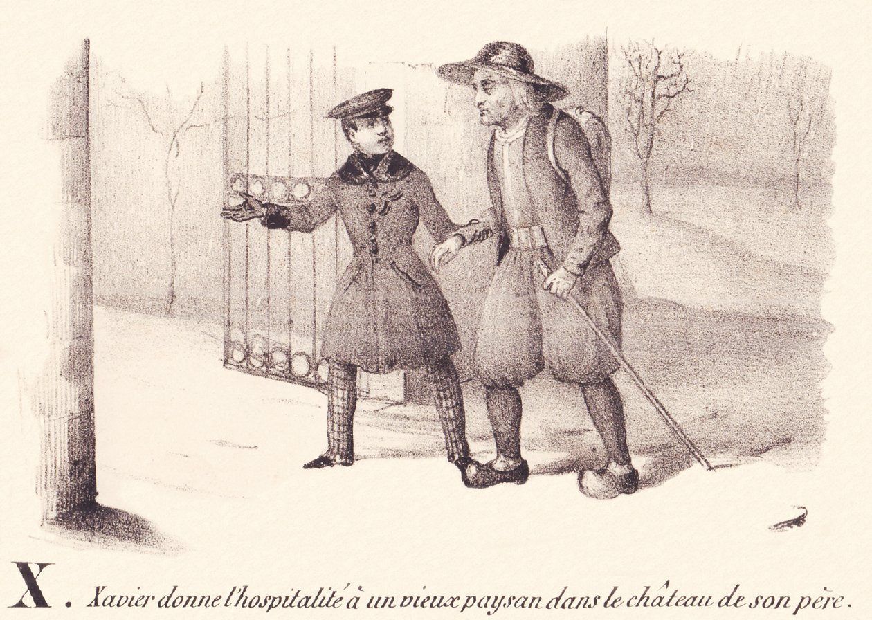 X: Xavier ger gästfrihet till en gammal bonde i sin fars slott. av French School